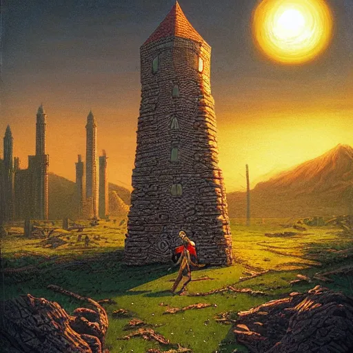 Prompt: wizard standing in front of a tower built by his slaves by michael whelan