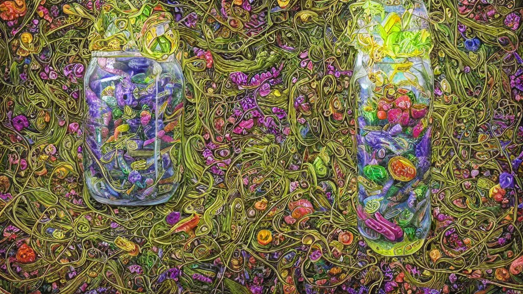 Prompt: a glass mason jar full of hundreds of pickles, trippy, wtf, infinitely detailed kaleidoscope vines swirling up from an infinite cosmic vortex, multi colored, intricate, elegant, sharp focus, illustration, highly detailed, digital painting, concept art, matte, art by artgerm and ivan shishkin and andrey shishkin, masterpiece