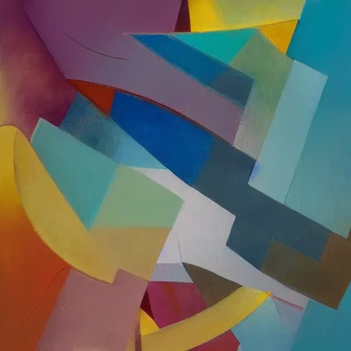 Image similar to Beautiful creature built from geometric shapes. Rough brushstrokes. Rough background. Colourful but muted scheme. Abstract. Painting by Pavel Lizano (2018)