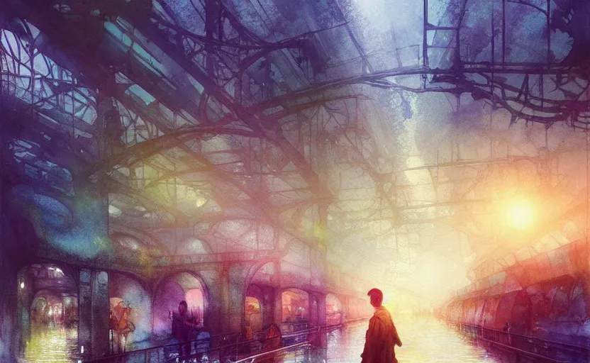 Prompt: an urban train rides inside of a waterway on a fantasy city. intricate, amazing composition, colorful watercolor, by ruan jia, by maxfield parrish, by marc simonetti, by hikari shimoda, by robert hubert, by zhang kechun, illustration, gloomy, volumetric lighting