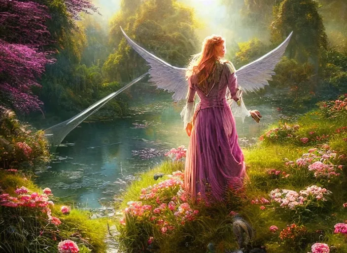 Prompt: a beautiful woman with wings of lace in a lord of the rings scenery landscape, bright sunny day, god's rays, pond, tall colorful flowers, butterflies, highly detailed, perfect lighting, perfect composition, 4 k, artgerm, alan lee, derek zabrocki, greg rutkowski, octane remder