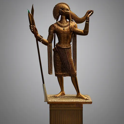 Image similar to Ancient statue of Thoth, the Ibis-headed god, marking down deeds on a papyrus with a reed, standing on a plinth , octane render, studio lighting