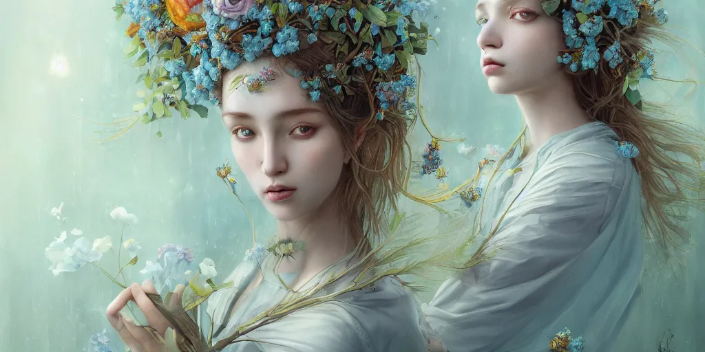 Image similar to breathtaking detailed concept art painting portrait of two hugs goddess of light blue flowers, carroty hair, orthodox saint, with anxious piercing eyes, ornate background, amalgamation of leaves and flowers, by hsiao - ron cheng, extremely moody lighting, 8 k