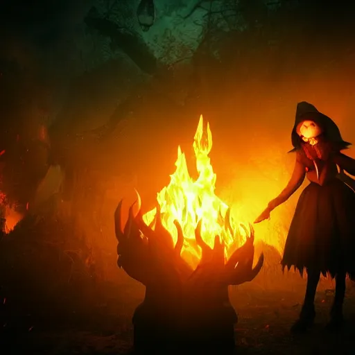 Prompt: gothic horror novice young witch summoning a monstrous burning demon 4 k high definition artstation trending path traced contrast light and dark colorful bokeh massive scale cinematic breathtaking