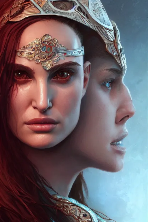 Image similar to symmetry!! portrait of natalie portman in the style of god of war, machine parts embedded into face, intricate, elegant, highly detailed, digital painting, artstation, concept art, smooth, sharp focus, illustration, art by artgerm and greg rutkowski and alphonse mucha, 8 k