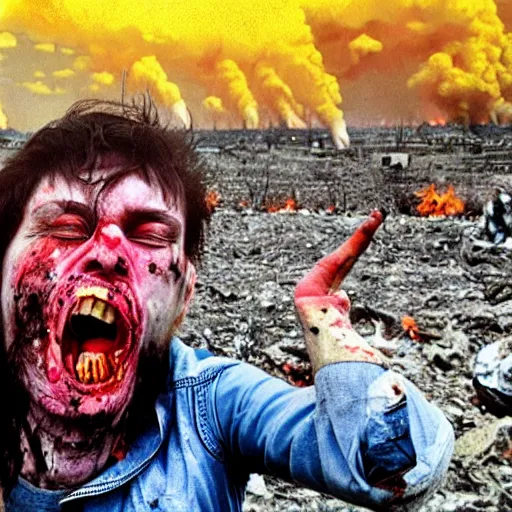 Prompt: selfie of a ukrainian screaming in pain and terrible injuries from a nuclear explosion, everything is on fire and radiation, in the background there are a lot of people like zombies, corpses and skeletons, a large nuclear explosion in the background, people are painted in yellow and blue, all dirty with severed limbs, doomsday