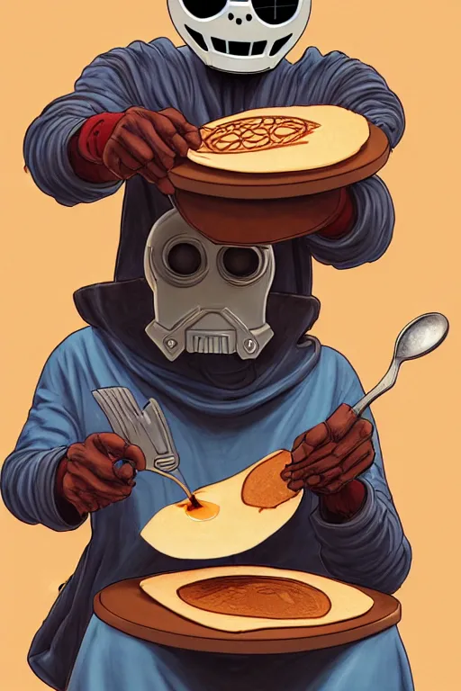 Prompt: professional photographic shoot mf doom making pancakes, animation pixar style, by pendleton ward, magali villeneuve, artgerm, rob rey and kentaro miura style, golden ratio, trending on art station