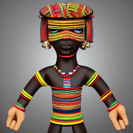 Image similar to african tribal chief vinyl art toy, detailed product photo, 3 d render, magazine collage