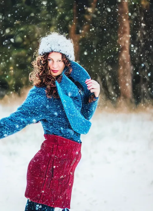 Prompt: a photo of 4 0 year old woman with short wavy curly light brown hair and blue eyes wearing colorful winter clothes is running in a snowy field. 3 5 mm. front view, instagram photo shoot