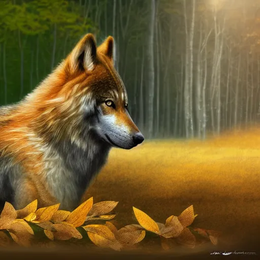 Image similar to professional digital art of a side profile of a tibetan wolf, tan and brown fur, fluffy, falling leaves, hd, 8 k, highly detailed, high quality, cute