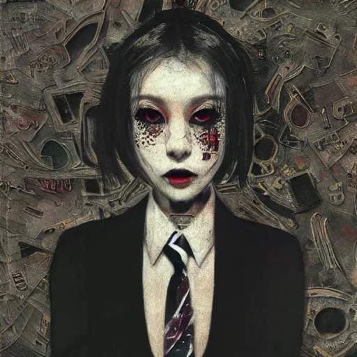 Image similar to yoshitaka amano blurred and dreamy realistic three quarter angle portrait of a young woman with black lipstick and black eyes wearing dress suit with tie, junji ito abstract patterns in the background, satoshi kon anime, noisy film grain effect, highly detailed, renaissance oil painting, weird portrait angle, blurred lost edges