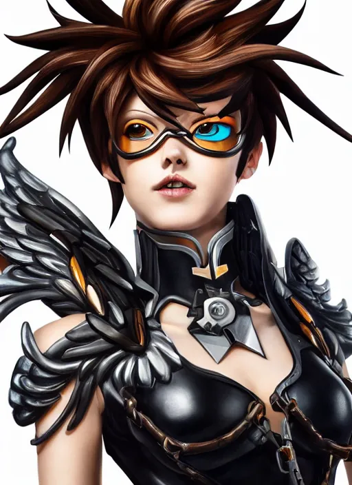 Image similar to full body oil painting of tracer overwatch, angel wings, dramatic painting, symmetrical composition, wearing detailed leather choker, black shiny armor, chains, detailed face and eyes,