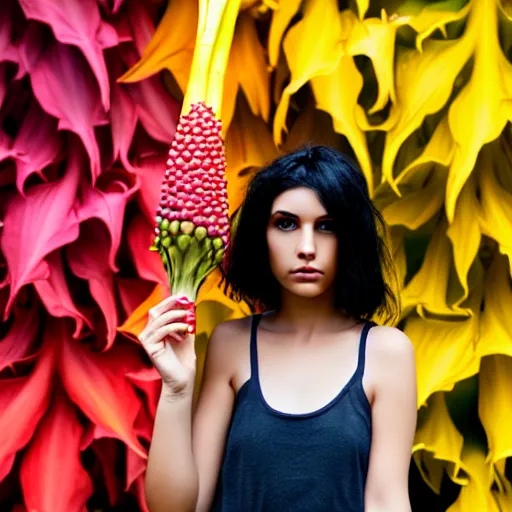 Prompt: beautiful girl with black hair, holding brugmansia flower, colour, dark scenery, sad