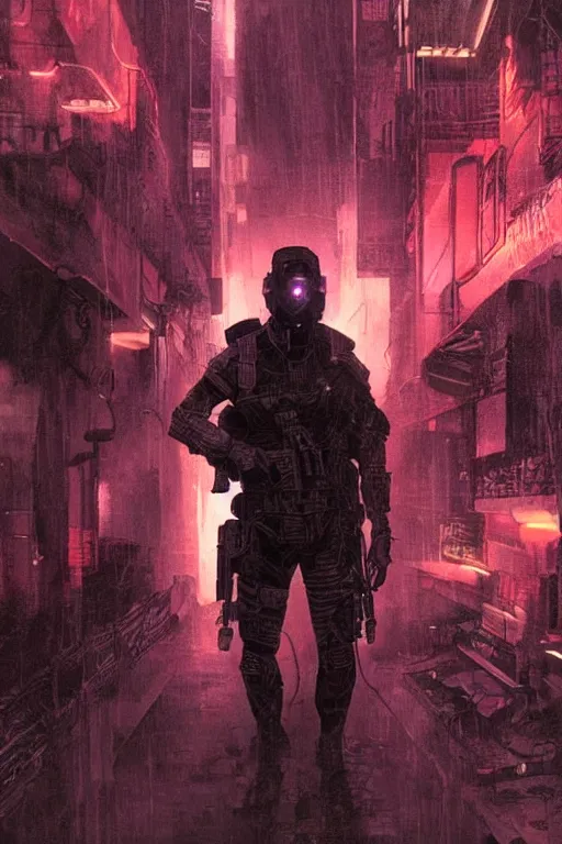 Image similar to the ghost. blackops mercenary in near future tactical gear, stealth suit, and cyberpunk headset. Blade Runner 2049. concept art by James Gurney and Mœbius.