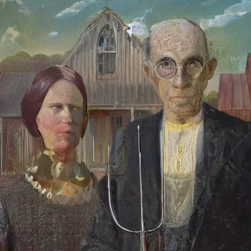 Prompt: the 'american gothic' painting, the man has long curly green hair