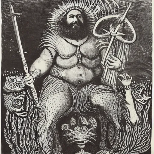 Image similar to lines by louis wain. a experimental art of a mythological scene. large, bearded man seated on a throne, surrounded by sea creatures. he has a trident in one hand & a shield in the other. behind him is a large fish. in front of him are two smaller creatures.