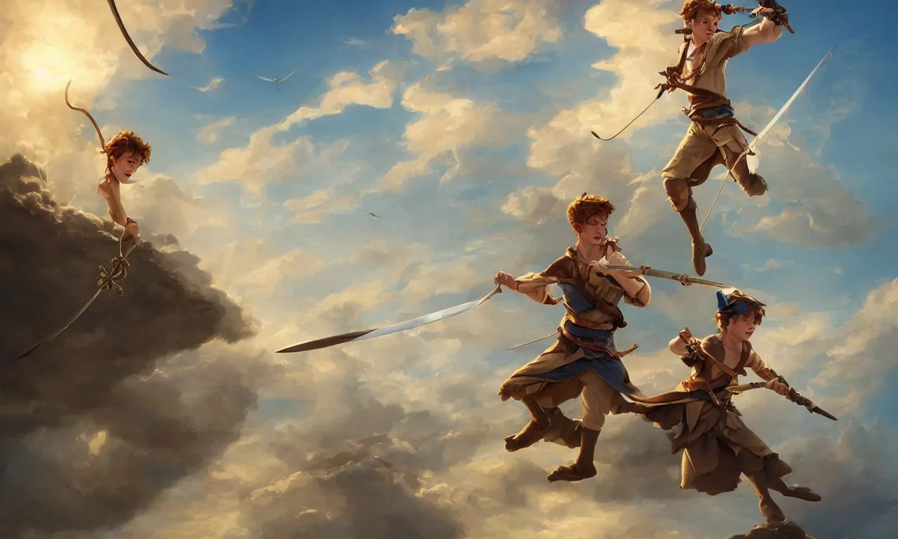 Image similar to a beautiful digital painting of peter pan sword fighting with hook, disney, a white caravel flying in the clouds, birds in the sunlight, numerous golden ropes and sails, blue sky at sunset, elegant, highly detailed, artstation, concept art, matte, sharp focus, art by tom bagshaw, kelogsloops and greg rutkowski