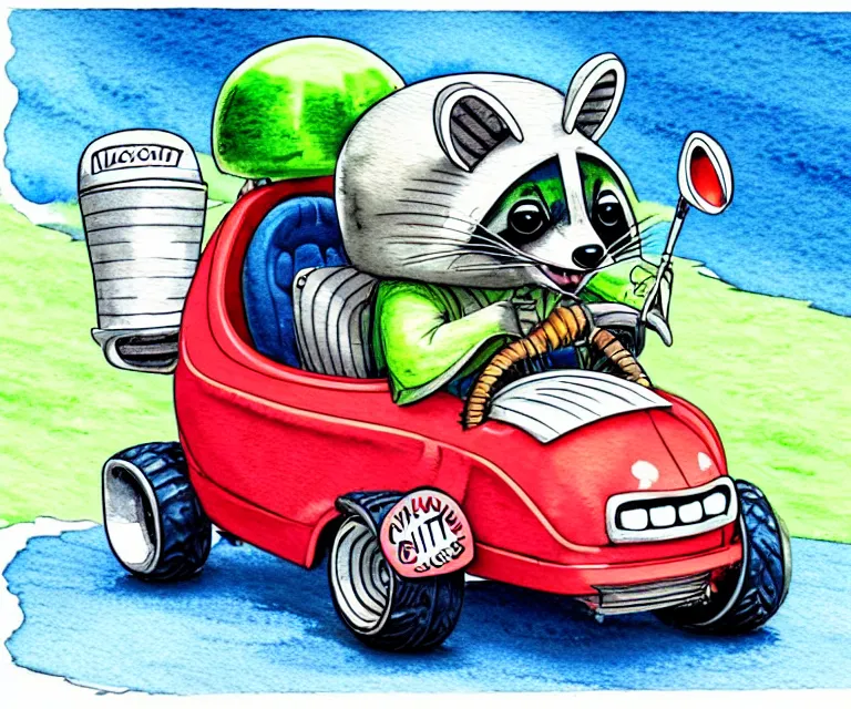 Prompt: cute and funny, racoon wearing a helmet riding in a tiny hot rod golf cart with oversized engine, ratfink style by ed roth, centered award winning watercolor pen illustration, isometric illustration by chihiro iwasaki, edited by range murata