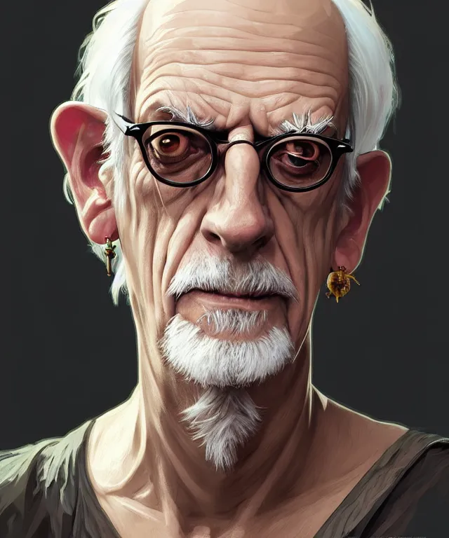 Image similar to portrait of chibi shaven christopher lloyd, his white hair is wild, intricate, headshot, highly detailed, digital painting, artstation, concept art, sharp focus, cinematic lighting, illustration, art by artgerm and greg rutkowski, alphonse mucha, cgsociety