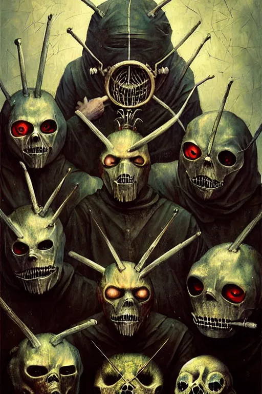 Image similar to hieronymus bosch, greg rutkowski, anna podedworna, painting of slipknot the band