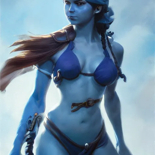 Prompt: Female pirate captain with blue skin, 4k oil on linen by wlop, artgerm, andrei riabovitchev, nuri iyem, james gurney, james jean, greg rutkowski, highly detailed, soft lighting 8k resolution