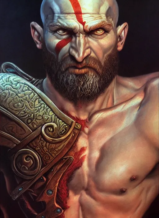 Image similar to a epic portrait of the god of war, art by boris vallejo and greg danton and denys tsiperko, detailed, hyperrealism, artstation