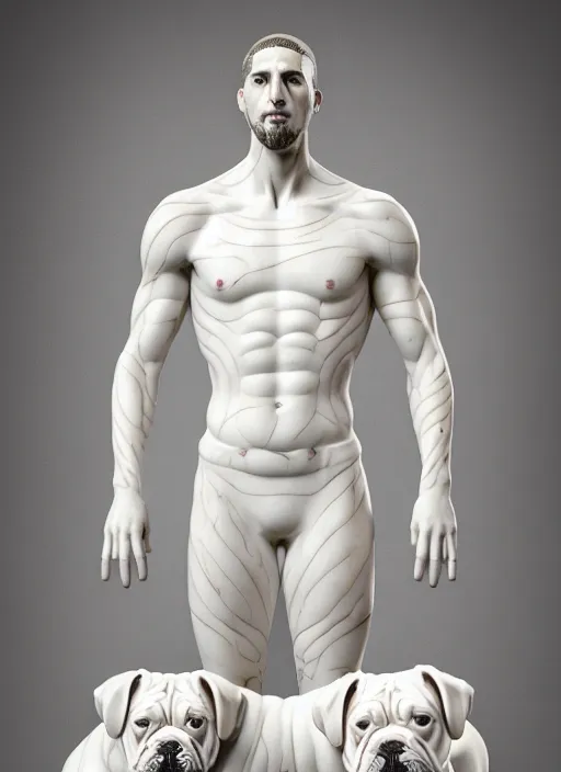 Image similar to a statue made of white marble with gold veins, of klay thompson petting a bulldog, full body shot, perfect symmetrical body, perfect symmetrical face, hyper realistic, hyper detailed, by johannen voss, by peter kemp, by monia merlo, by michelangelo, octane render, blender, 8 k