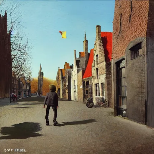 Image similar to bob marley walking in bruges, painted by scott listfield, sunny, happy