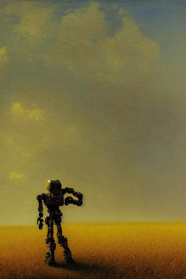 Prompt: painting of the back view of one terminator robot, standing far away in the yellow wheat fields, looking at some gargantuan tall buildings by Ivan Aivazovsky