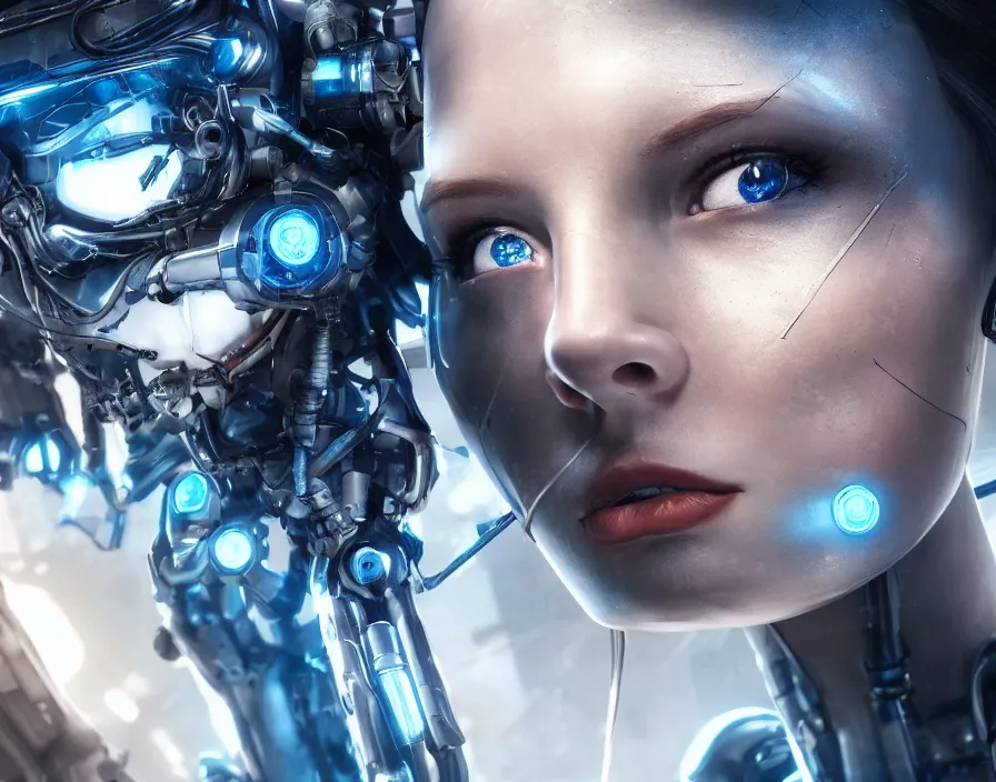 Image similar to detached head of a cyborg girl hanging from the ceiling, cyberpunk, realistic detailed mechanical parts, blue eyes, beautiful face, beautiful texture, beautiful graphics, fantasy artwork, very beautiful scenery, hd, hdr, ue 5, ue 6, unreal engine 5, cinematic 4 k wallpaper, 8 k, ultra detailed