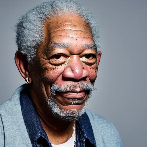 Image similar to a studio photograph of Morgan Freeman dressed as Travis Scott, 40mm lens, shallow depth of field, split lighting