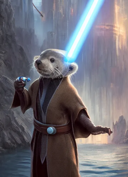 Prompt: portrait, anthropomorphic otter wearing Jedi robes wielding a blue lightsaber in a futuristic river town. Dramatic lighting, cinematic, establishing shot, extremely high detail, photo realistic, post processed, artstation, matte painting, style by eddie mendoza, raphael lacoste, alex ross