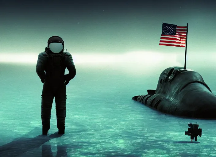 Image similar to astronaut holding a flag in an underwater desert. a submarine is visible in the distance. dark, concept art, cinematic, dramatic, atmospheric, 8 k, trending on artstation, blue, fish, low visibility, fog, ocean floor, christopher nolan, interstellar