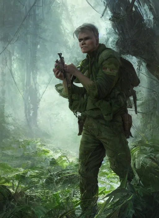 Image similar to portrait of a young richard dean anderson wearing a green combat uniform, in a post apocalyptic city overgrown by plants, by wlop, by greg rutkowski, cover illustration, concept art, volumetric lighting, volumetric atmosphere, sharp focus, octane render, trending on artstation, 8 k