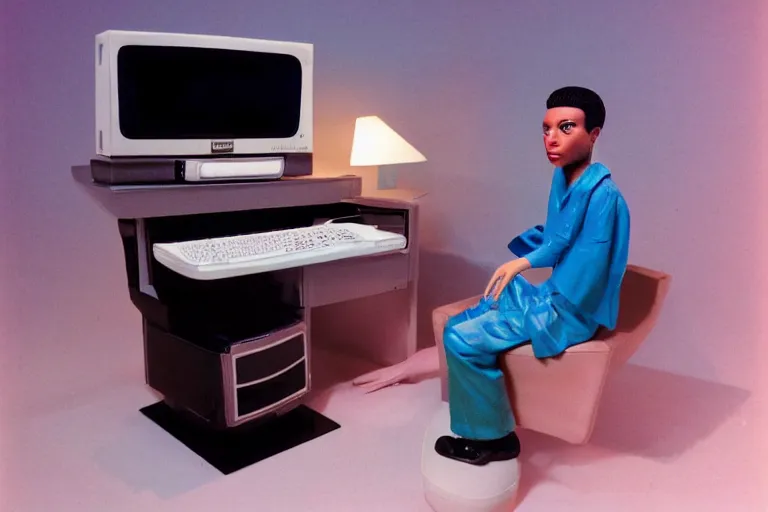 Image similar to an extremely realistic life-sized computer mainframe made of porcelain, beautiful model made of plastic sitting on a starry blue couch, from 1985, bathed in the glow of a crt television, low-light photograph, in style of Tyler Mitchell