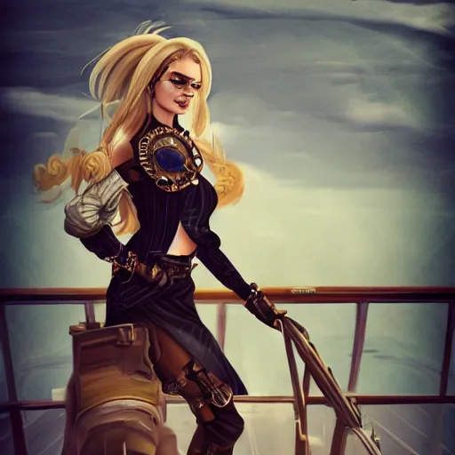 Prompt: a fierce, beautiful, friendly, calm, blonde, well - dressed, steampunk, covered, armed, pirate woman, standing on the deck of her ship gazing at the horizon through a spyglass ready for battle, realistic, hd, trending on artstation
