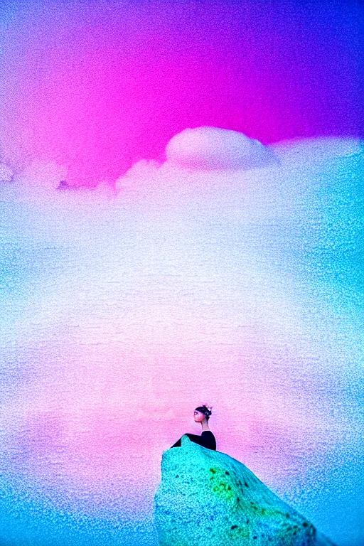 Image similar to high quality pastel coloured film close up wide angle photograph of a model wearing clothing swimming on cloud furniture in a icelandic black rock!! environment in a partially haze filled dreamstate world. three point light, rainbow. photographic production. art directed. pastel colours. volumetric clouds. pastel gradient overlay. waves glitch artefacts. extreme facial clarity. 8 k. filmic.