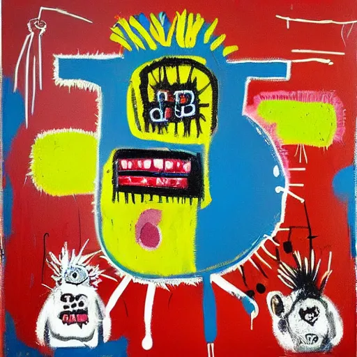 Image similar to “berries, diamonds, pigs, weeds, bagels, Acrylic, spray paint and oilstick on canvas, by Jean-Michel Basquiat”