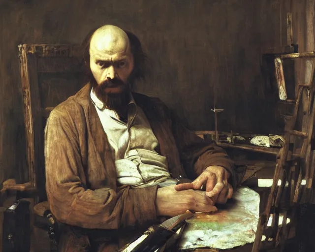 Image similar to dostoyevsky as an exhausted painter in his dimly lit studio by edgar maxence and caravaggio and michael whelan, intricate painting, hyper realistic, extremely detailed and beautiful aesthetic face, 8 k resolution