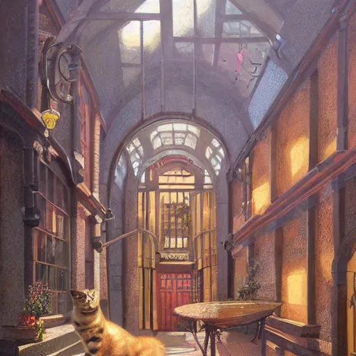 Prompt: detailed face of an intelligent scholarly cat with kind eyes in a architectonic victorian courtyard at a science expo, atmospheric, ambient, pj crook, syd mead, livia prima, artgerm, greg rutkowski, nick alm, casey baugh