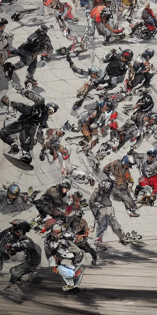 Image similar to oil painting scene skateboard park by kim jung gi