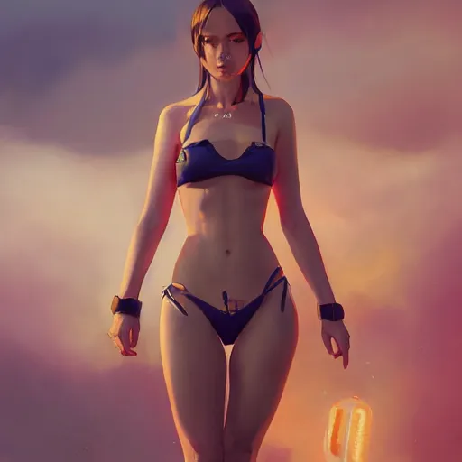 Image similar to kodak portra. by wlop, ilya kuvshinov, krenz cushart, greg rutkowski, trending on pixiv. zbrush sculpt, octane, maya, houdini, vfx. cute amazon woman wearing bikini armor. digital painting. cinematic dramatic atmosphere, sharp focus, volumetric lighting.