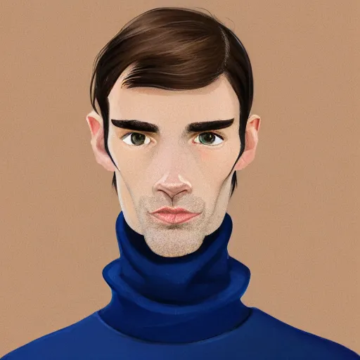 Prompt: gangly man with short light brown wavy hair, light brown stubble thin beard, no mustache, English heritage, blue eyes, middle aged, wearing a turtleneck and jacket, pale skin, narrow face, digital art, painterly, cartoon, cute, 8k, illustration, art by loish, painterly, trending on artstation, medium shot, uncropped