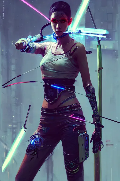 Image similar to female archer, cyberpunk futuristic neon. fencing, long sword in her hand, decorated with traditional japanese ornaments by ismail inceoglu dragan bibin hans thoma greg rutkowski alexandros pyromallis nekro rene maritte illustrated, perfect face, fine details, realistic shaded, fine - face, pretty face, masterpiece