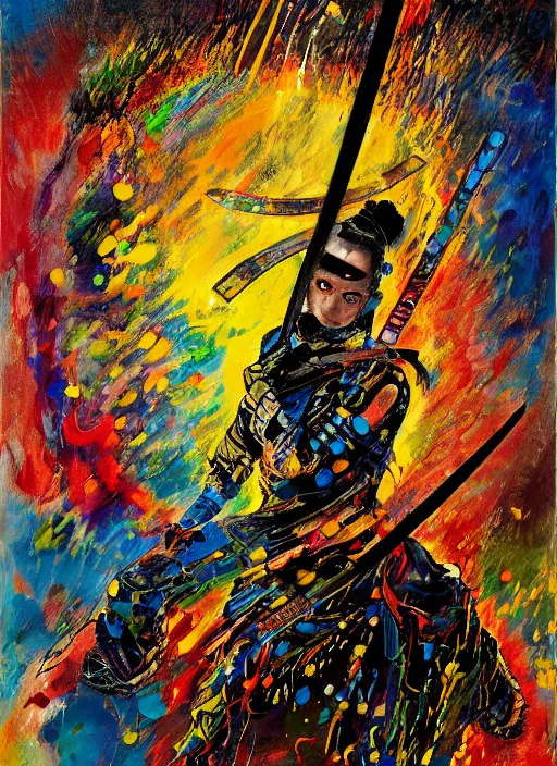 Prompt: portrait of a cyberpunk samurai with a glowing katana, by jackson pollock and wassily kandinsky, 4 k resolution, vivid colours, extremely detailed, dripping technique, oil paint, depth