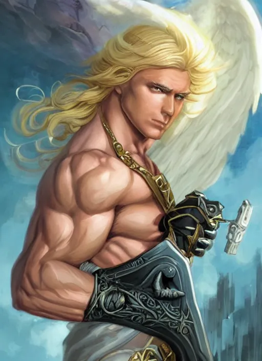 Image similar to handsome blond cyborg Lucius as a muscular angel handcuffed, pale androgynous young man with long fluffy blond curly hair, urban fantasy romance book cover, D&D!, fantasy style, sharp focus!, ultra detailed, art by Artgerm and Peter Andrew Jones, WLUP