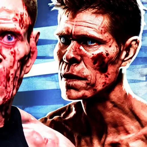 Image similar to willem dafoe versus jerma 9 8 5 fighting in a mixed martial arts game, 4 k, dramatic, blood, intense, realistic, full body