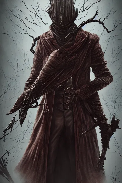 Image similar to bloodborne hunter, full body, big two toned eyes, ghosts, horror, intricate details, cinematic, epic, realistic, anatomy, tomer hanuka, uplight, artstation, photorealistic, scary