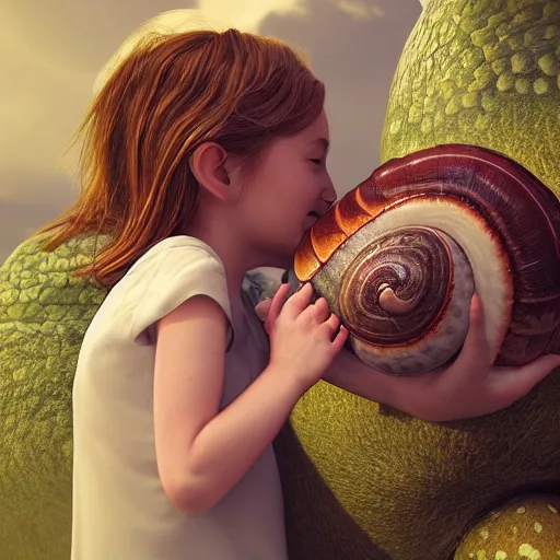 Image similar to a little girl hugging a giant snail, photo, realistic, artstation , beautiful, octane render