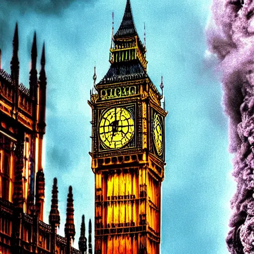 Image similar to the big ben of london is on fire and lava is pouring out of the clock, realism, realistic, hdr,